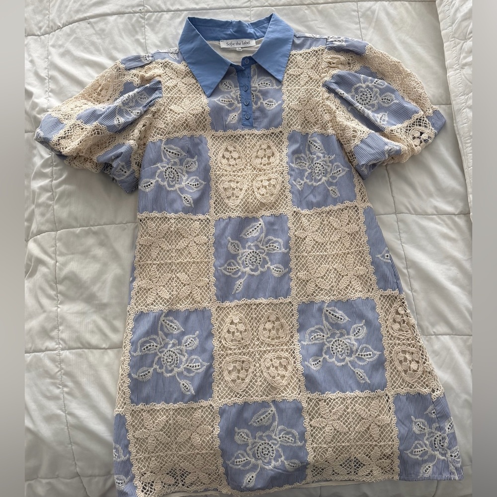 Blue & Cream Embroidered Stripe Women's Dress